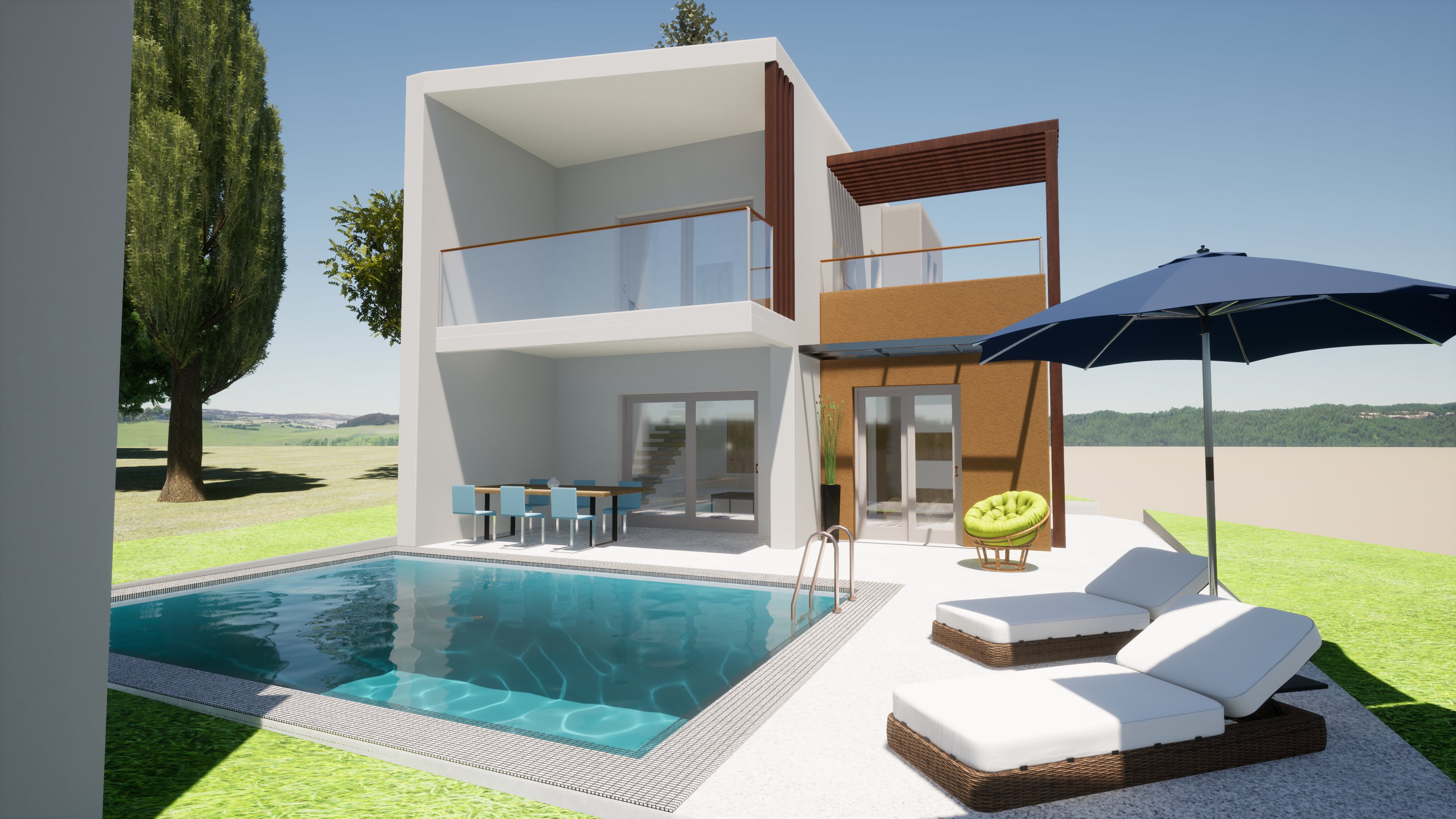 Villa rear elevation with sunbeds